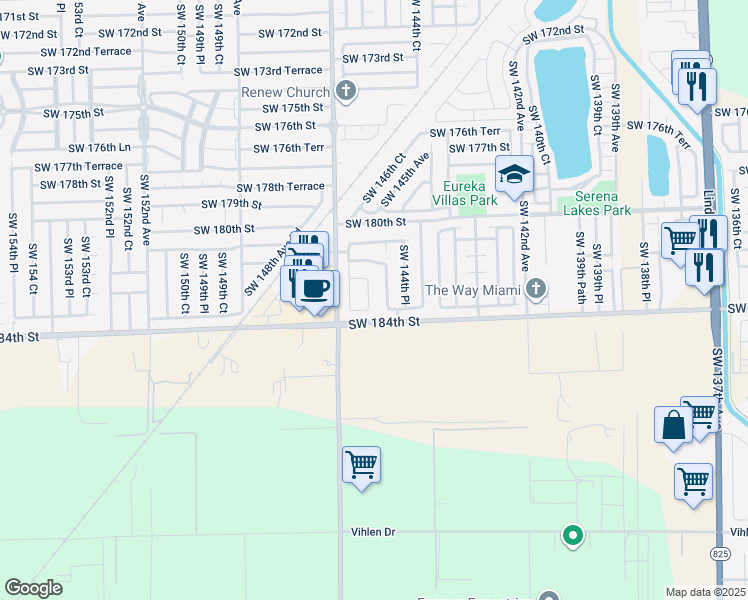 map of restaurants, bars, coffee shops, grocery stores, and more near 14602 Southwest 182nd Terrace in Miami