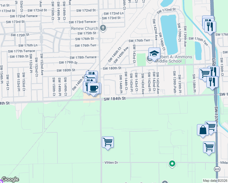 map of restaurants, bars, coffee shops, grocery stores, and more near 14602 Southwest 182nd Terrace in Miami