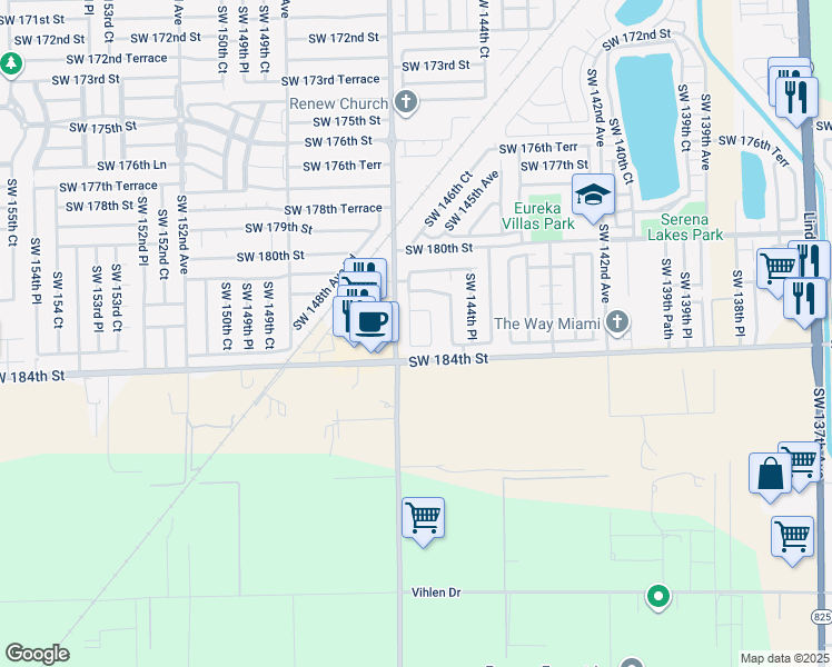 map of restaurants, bars, coffee shops, grocery stores, and more near 18303 Southwest 146th Court in Miami