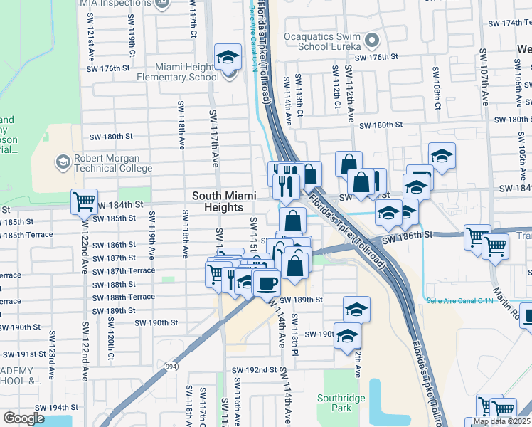 map of restaurants, bars, coffee shops, grocery stores, and more near 10361 Southwest 185th Street in Miami