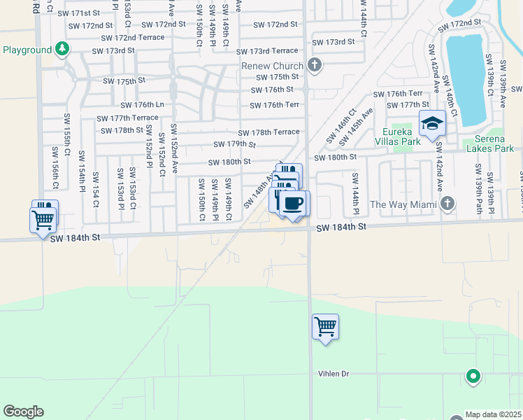 map of restaurants, bars, coffee shops, grocery stores, and more near 18209 Southwest 148th Avenue Road in Miami