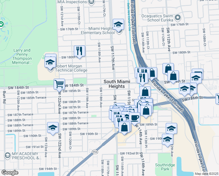 map of restaurants, bars, coffee shops, grocery stores, and more near 11735 Southwest 185th Street in Miami