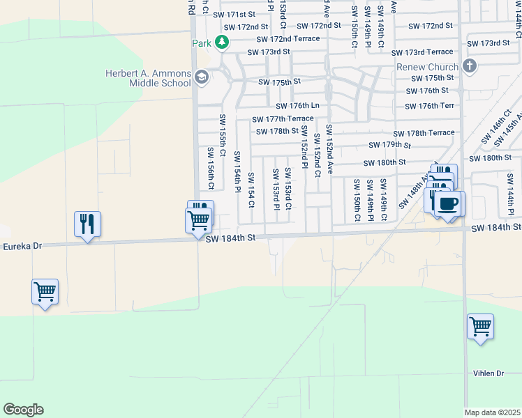 map of restaurants, bars, coffee shops, grocery stores, and more near 18224 Southwest 154th Avenue in Miami