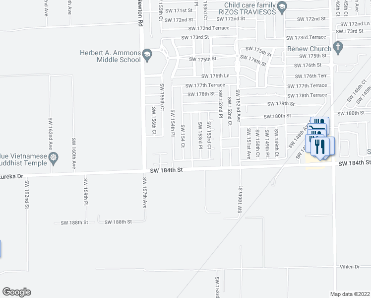 map of restaurants, bars, coffee shops, grocery stores, and more near 18217 Southwest 154th Court in Miami