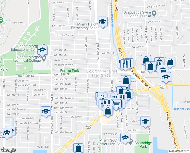 map of restaurants, bars, coffee shops, grocery stores, and more near 11730 Southwest 184th Street in Miami