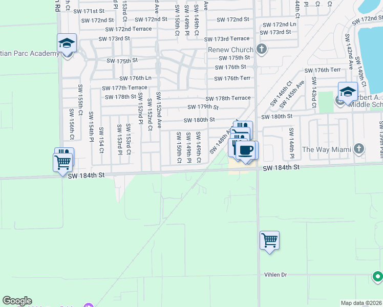 map of restaurants, bars, coffee shops, grocery stores, and more near 18221 Southwest 149th Court in Miami