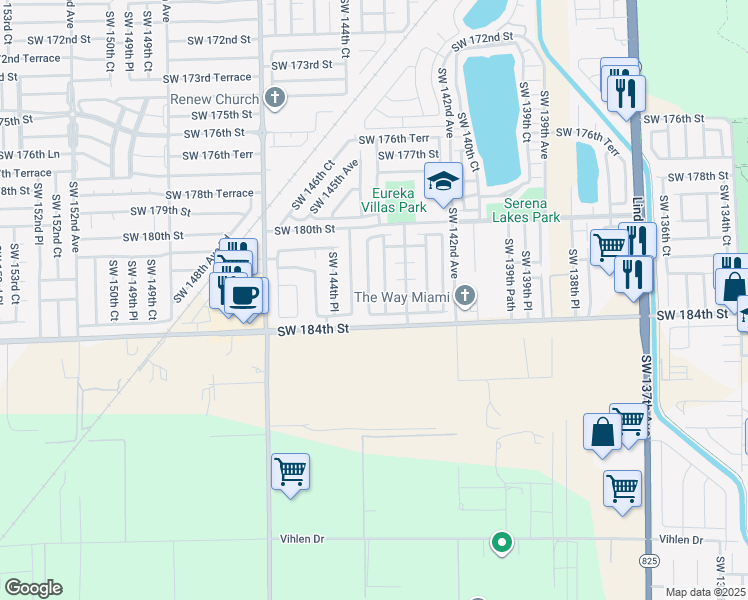 map of restaurants, bars, coffee shops, grocery stores, and more near 18303 Southwest 143rd Place in Miami