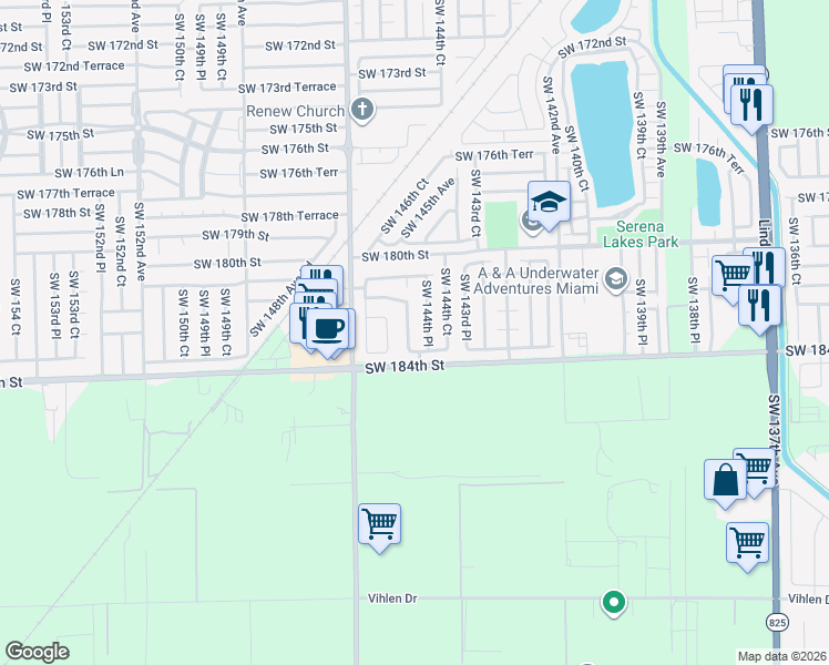 map of restaurants, bars, coffee shops, grocery stores, and more near 18234 Southwest 144th Place in Miami
