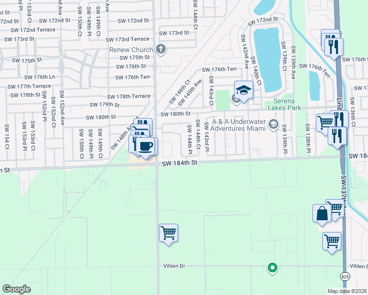 map of restaurants, bars, coffee shops, grocery stores, and more near 18234 Southwest 144th Place in Miami