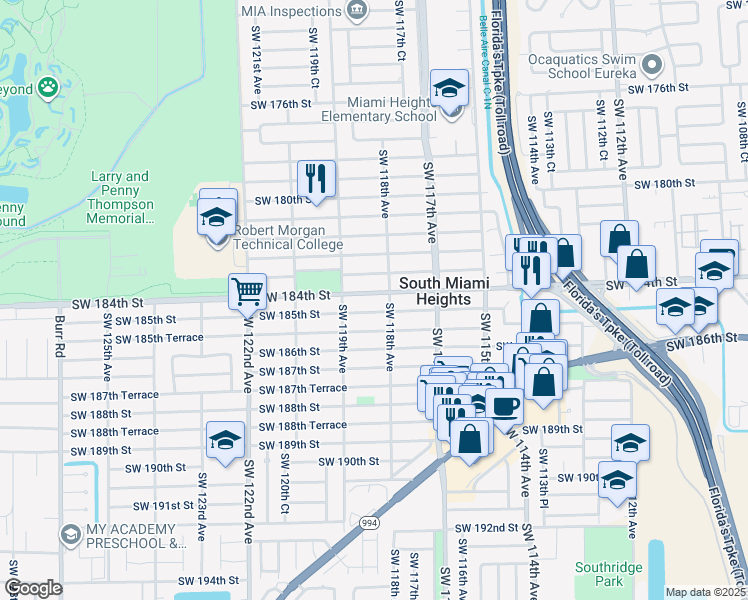 map of restaurants, bars, coffee shops, grocery stores, and more near 11824 Southwest 184th Street in Miami