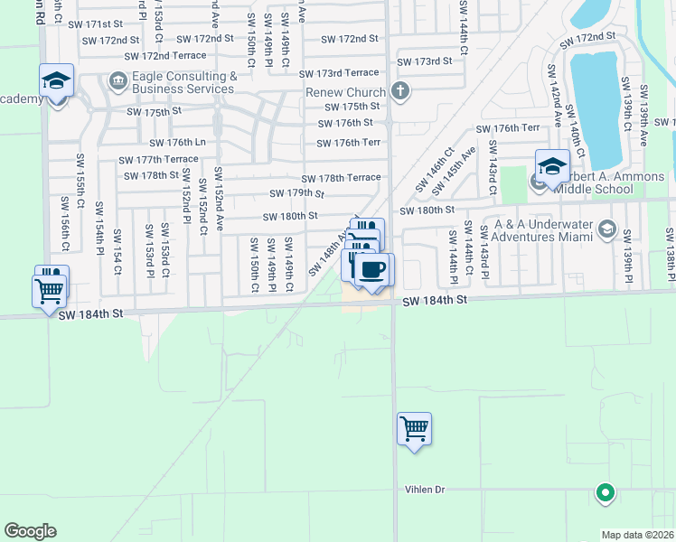 map of restaurants, bars, coffee shops, grocery stores, and more near 18209 Southwest 148th Avenue Road in Miami