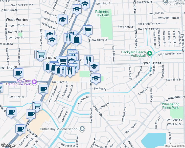map of restaurants, bars, coffee shops, grocery stores, and more near 18455 Franjo Road in Cutler Bay