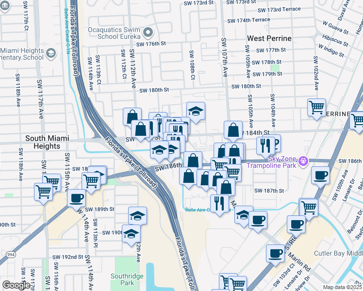 map of restaurants, bars, coffee shops, grocery stores, and more near 10906 Southwest 184th Street in Miami