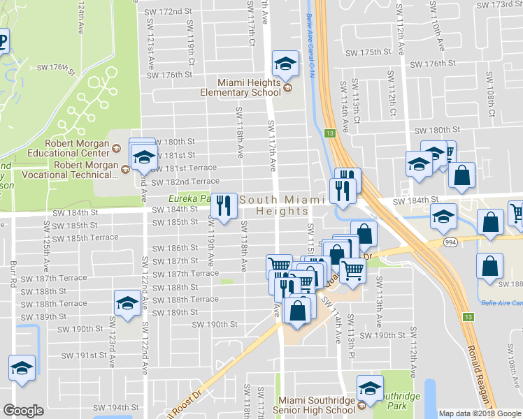 map of restaurants, bars, coffee shops, grocery stores, and more near 11730 Southwest 184th Street in Miami