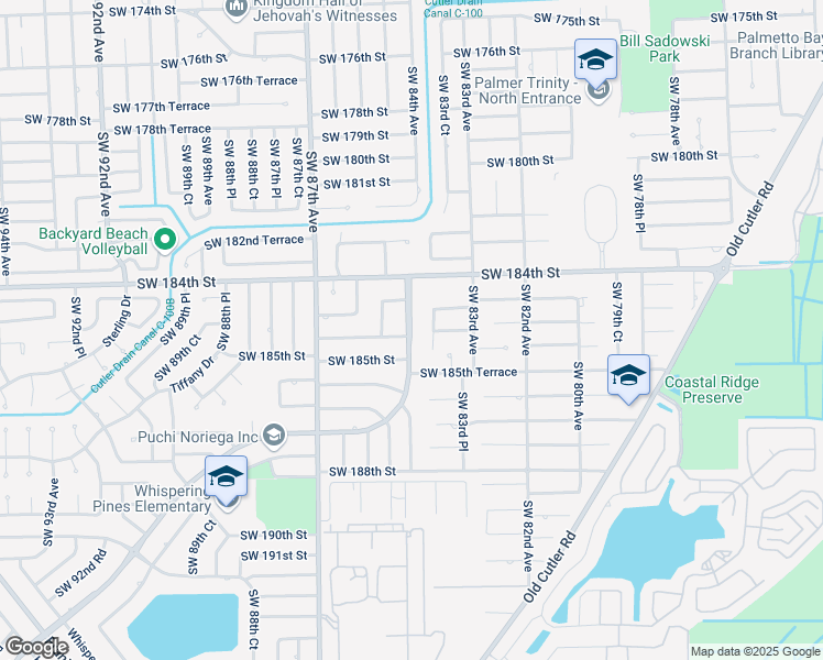 map of restaurants, bars, coffee shops, grocery stores, and more near 18455 Caribbean Boulevard in Cutler Bay