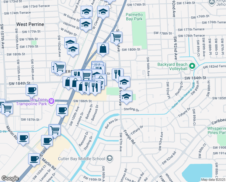 map of restaurants, bars, coffee shops, grocery stores, and more near 18500 Southwest 97th Avenue in Cutler Bay