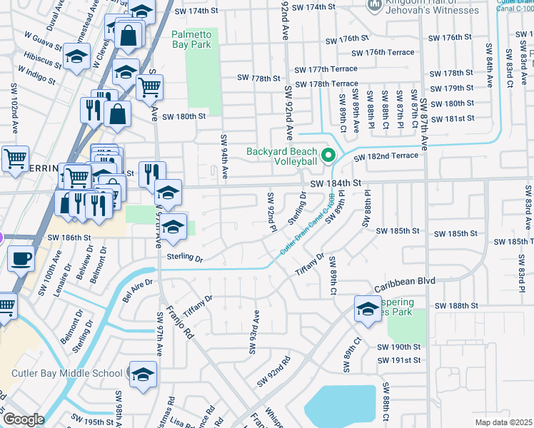 map of restaurants, bars, coffee shops, grocery stores, and more near 18500 Southwest 92nd Avenue in Cutler Bay