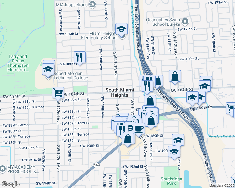 map of restaurants, bars, coffee shops, grocery stores, and more near in South Miami Heights