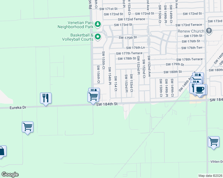 map of restaurants, bars, coffee shops, grocery stores, and more near 18205 Southwest 154th Place in Miami