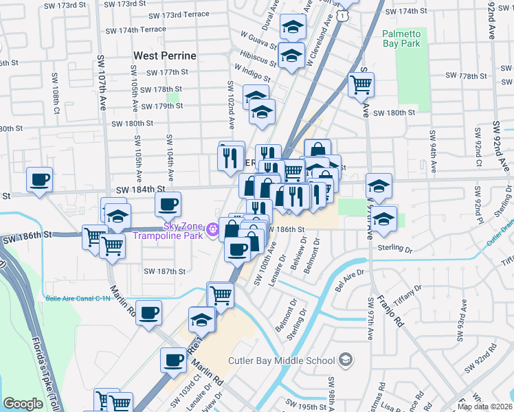 map of restaurants, bars, coffee shops, grocery stores, and more near 18430 South Dixie Highway in Miami