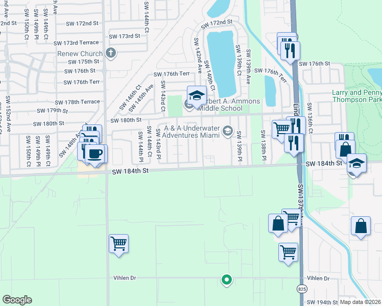 map of restaurants, bars, coffee shops, grocery stores, and more near 18261 Southwest 142nd Place in Miami