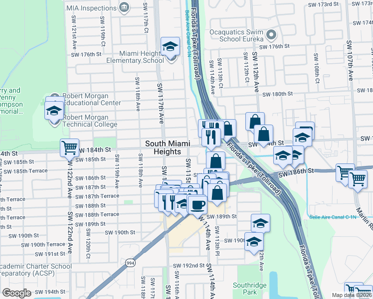 map of restaurants, bars, coffee shops, grocery stores, and more near 11500 SW 184th St in Miami