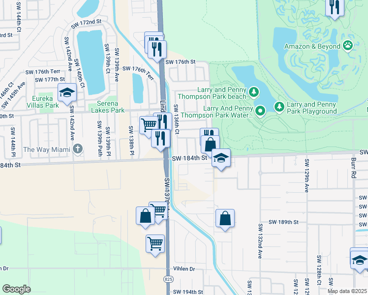 map of restaurants, bars, coffee shops, grocery stores, and more near 18354 SW 136th Ave in Miami