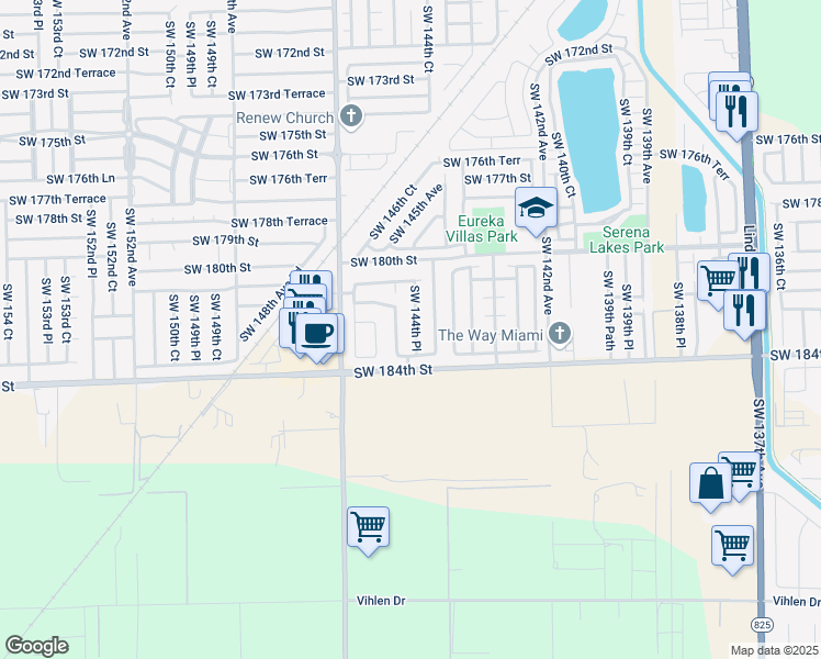 map of restaurants, bars, coffee shops, grocery stores, and more near 18234 Southwest 144th Place in Miami