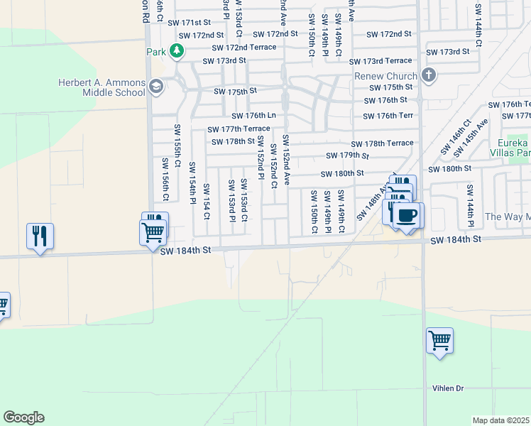 map of restaurants, bars, coffee shops, grocery stores, and more near 18203 Southwest 152nd Place in Miami