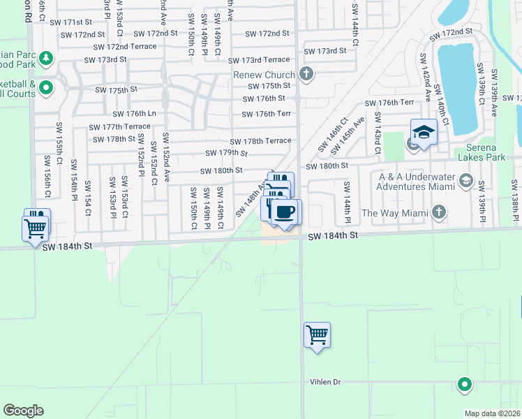 map of restaurants, bars, coffee shops, grocery stores, and more near 18125 SW 148th Ave Rd in Miami