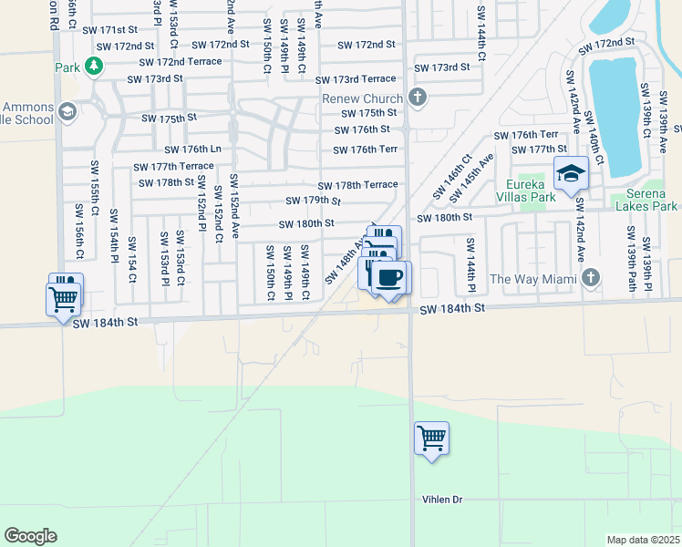 map of restaurants, bars, coffee shops, grocery stores, and more near 18209 SW 148th Ave Rd in Miami