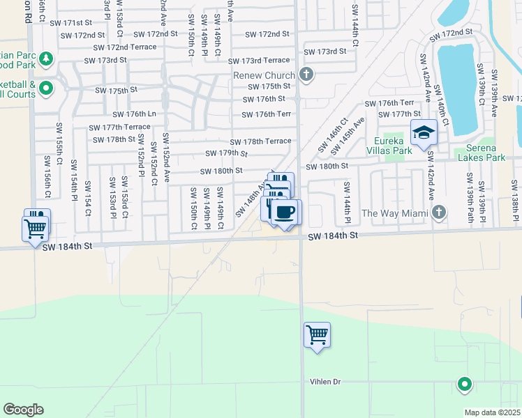 map of restaurants, bars, coffee shops, grocery stores, and more near 18125 SW 148th Ave Rd in Miami