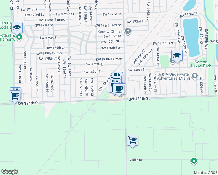 map of restaurants, bars, coffee shops, grocery stores, and more near 18125 SW 148th Ave Rd in Miami