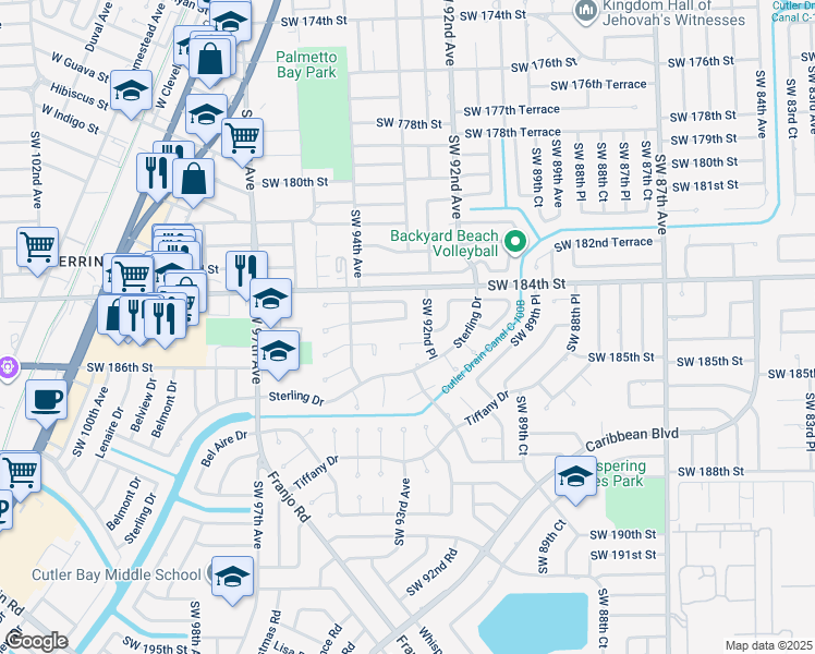 map of restaurants, bars, coffee shops, grocery stores, and more near 18500 Southwest 92nd Avenue in Cutler Bay