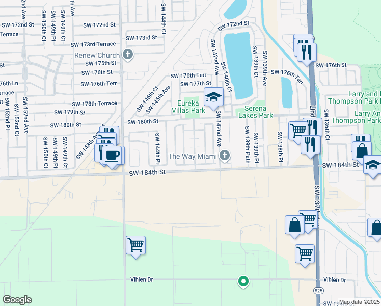 map of restaurants, bars, coffee shops, grocery stores, and more near 14309 Southwest 183rd Street in Miami