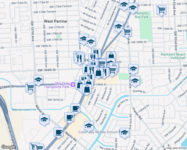 map of restaurants, bars, coffee shops, grocery stores, and more near 18469 S Dixie Hwy in Cutler Bay