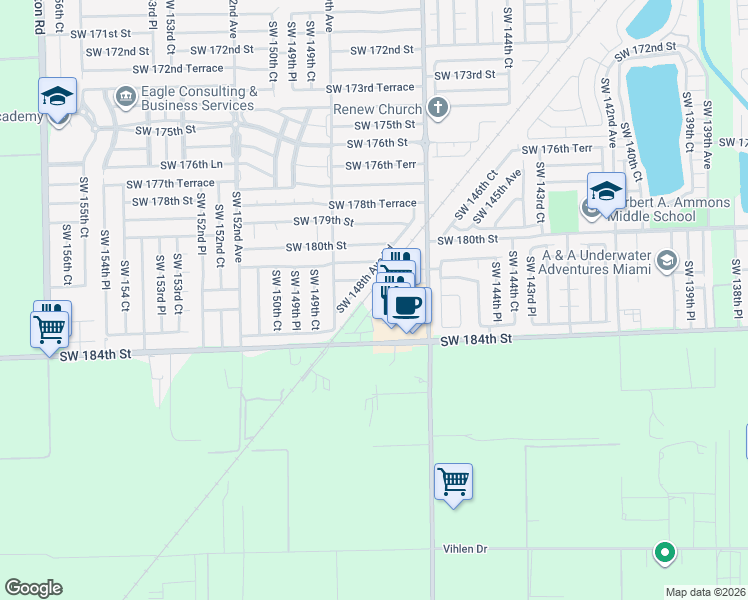 map of restaurants, bars, coffee shops, grocery stores, and more near 18125 SW 148th Ave Rd in Miami