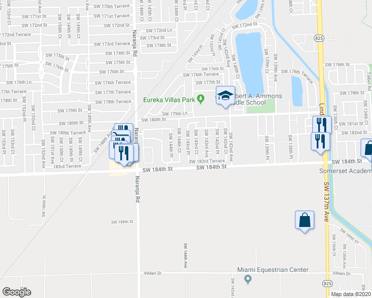 map of restaurants, bars, coffee shops, grocery stores, and more near 18264 Southwest 143rd Place in Miami