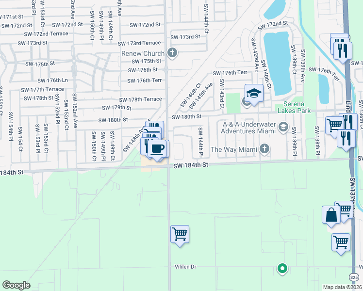 map of restaurants, bars, coffee shops, grocery stores, and more near 14602 Southwest 182nd Terrace in Miami