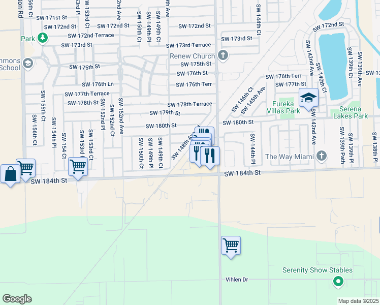 map of restaurants, bars, coffee shops, grocery stores, and more near 18125 SW 148th Ave Rd in Miami
