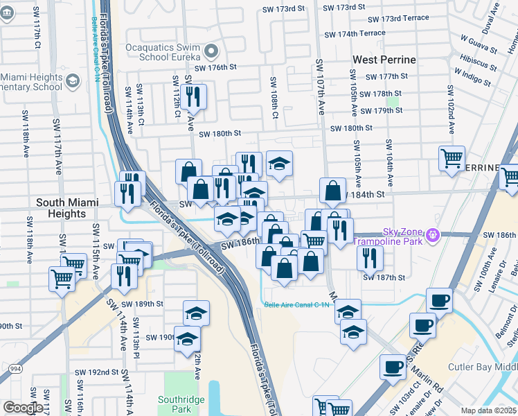 map of restaurants, bars, coffee shops, grocery stores, and more near 10906 Southwest 184th Street in Miami
