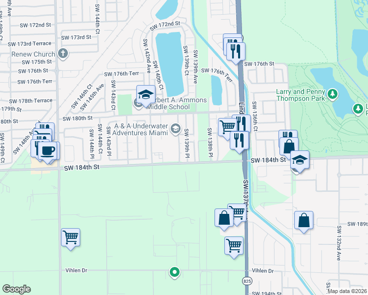 map of restaurants, bars, coffee shops, grocery stores, and more near 18266 Southwest 139th Path in Miami