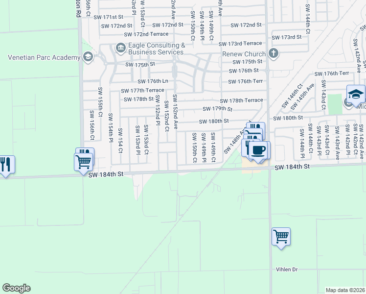 map of restaurants, bars, coffee shops, grocery stores, and more near 18169 Southwest 152nd Avenue in Miami