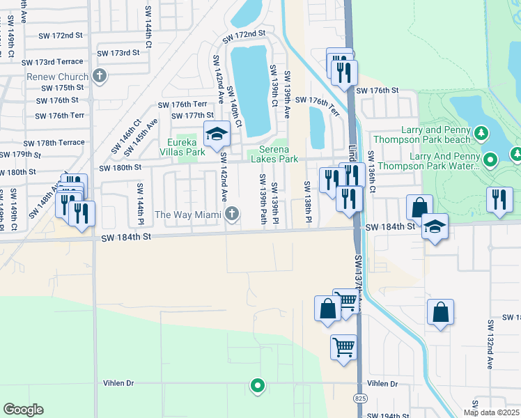 map of restaurants, bars, coffee shops, grocery stores, and more near 18266 Southwest 139th Path in Miami