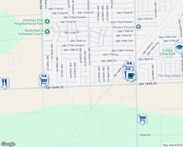 map of restaurants, bars, coffee shops, grocery stores, and more near 18169 Southwest 152nd Avenue in Miami