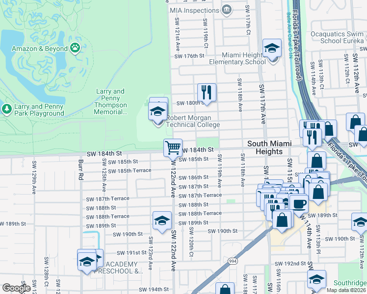map of restaurants, bars, coffee shops, grocery stores, and more near 12101 Southwest 184th Street in Miami