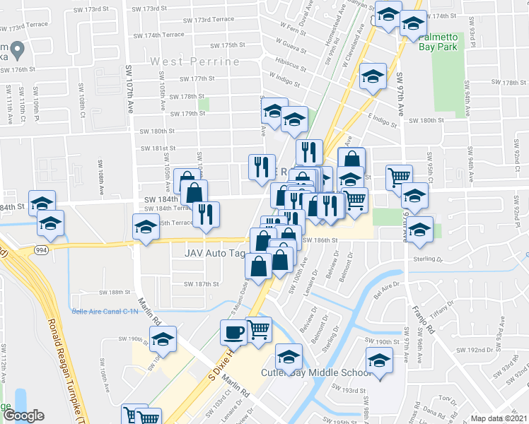 map of restaurants, bars, coffee shops, grocery stores, and more near 18411 Homestead Avenue in Miami