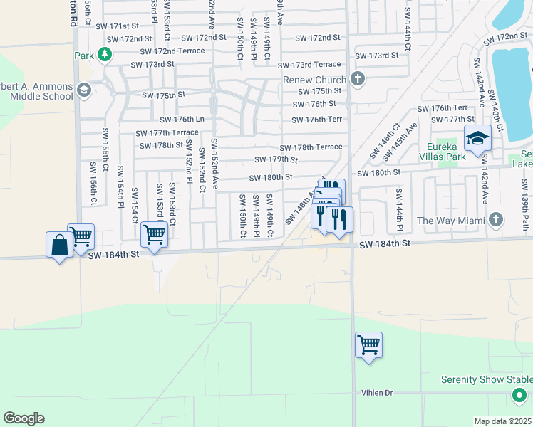map of restaurants, bars, coffee shops, grocery stores, and more near 18202 Southwest 149th Court in Miami