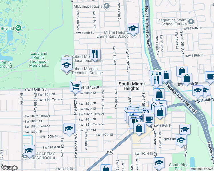 map of restaurants, bars, coffee shops, grocery stores, and more near in South Miami Heights