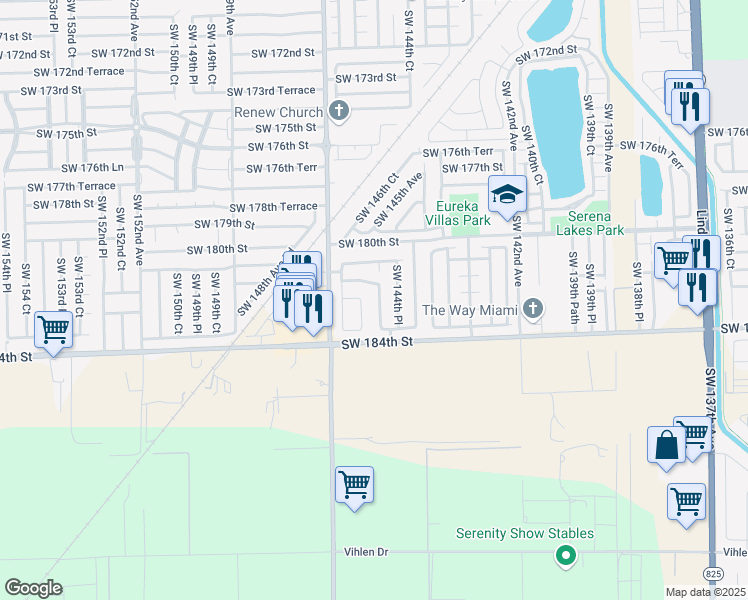 map of restaurants, bars, coffee shops, grocery stores, and more near 14602 Southwest 182nd Terrace in Miami